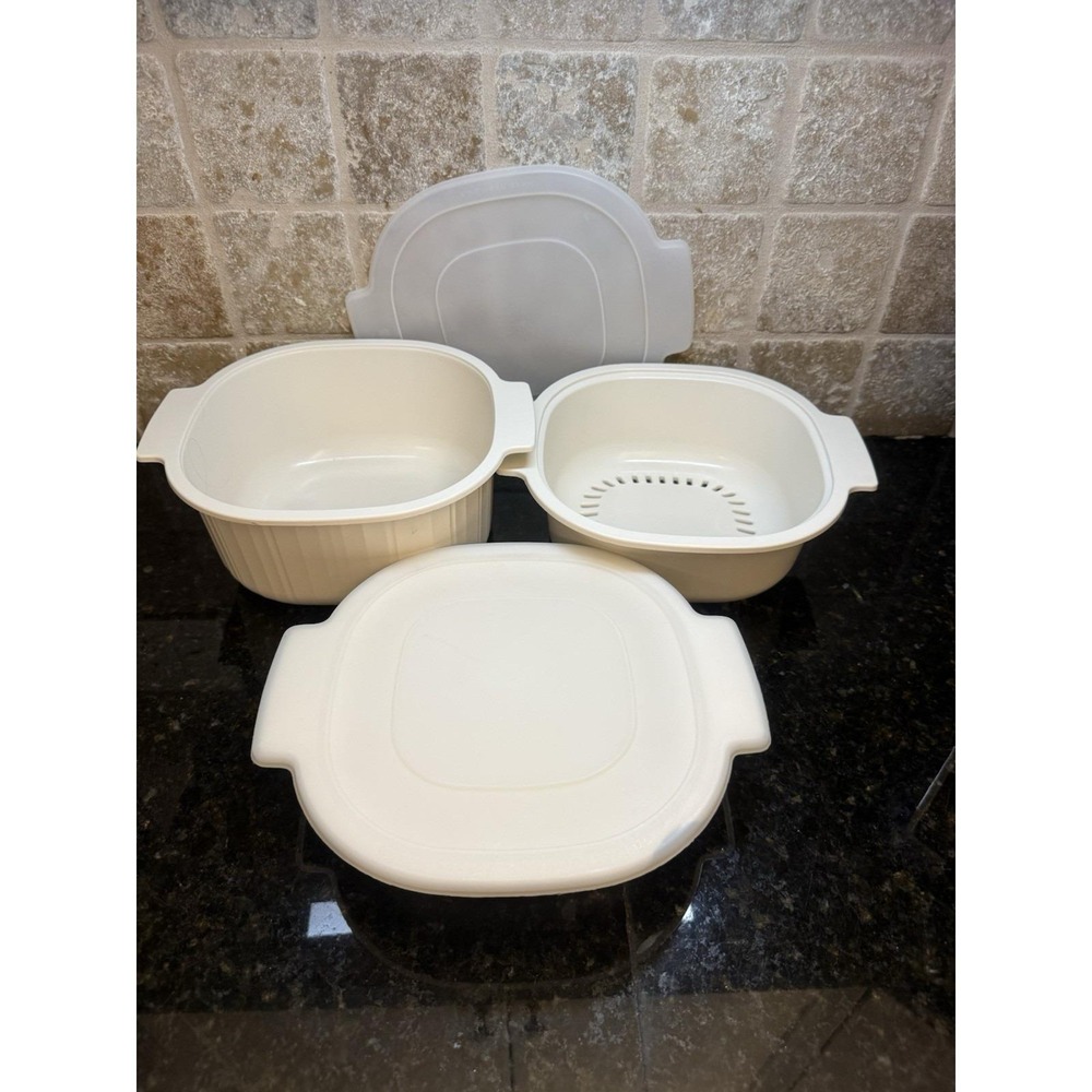 Vtg RUBBERMAID Microwave Cookware 5 piece SET With Lids Beige‎ Almond Steamer